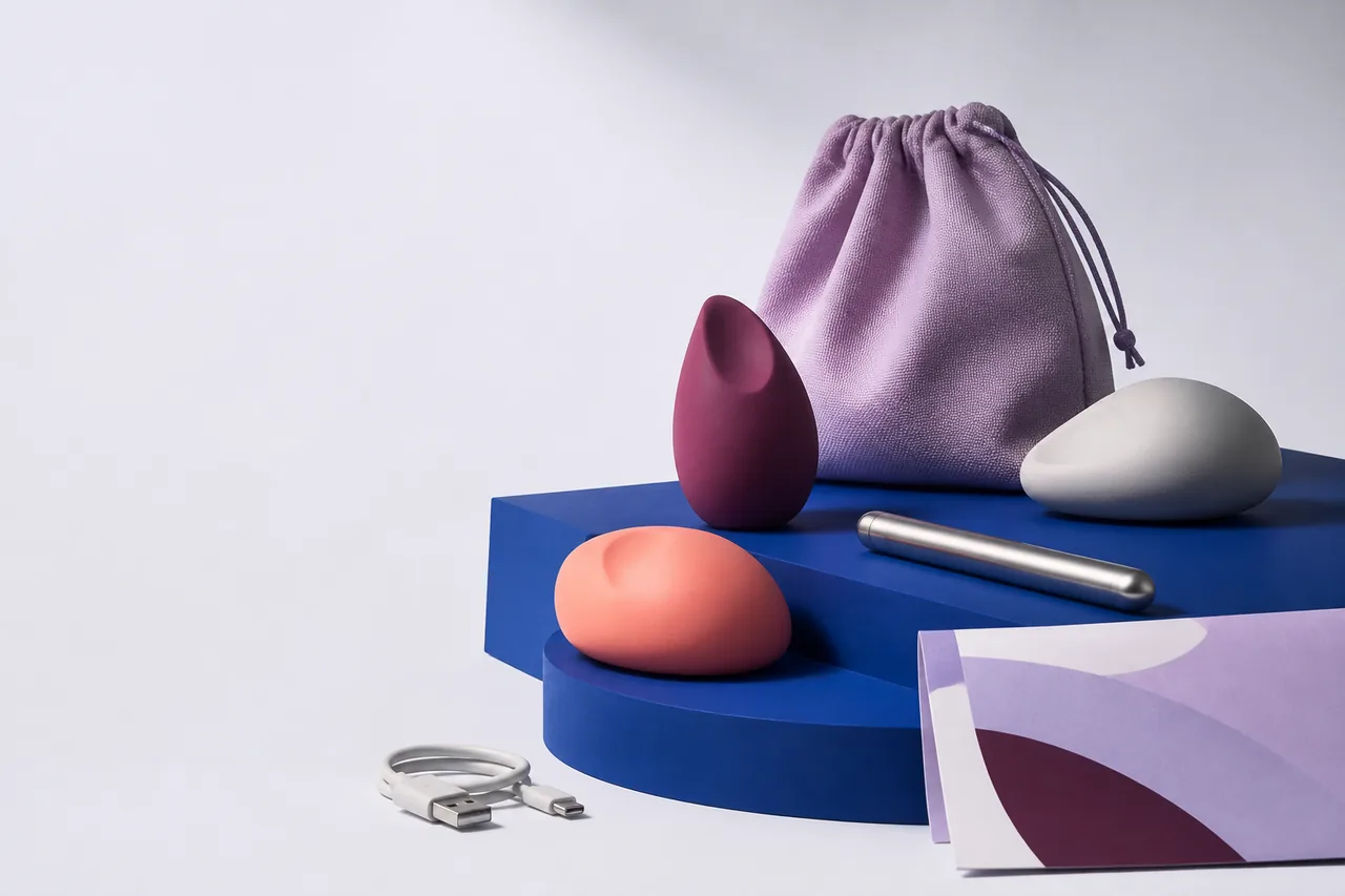 Sculptural self-care objects in pink, blue and lilac on a cobalt platform
